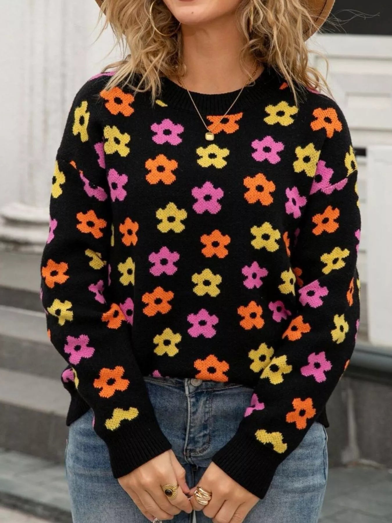 Floral Crew Neck Sweater Trendsi