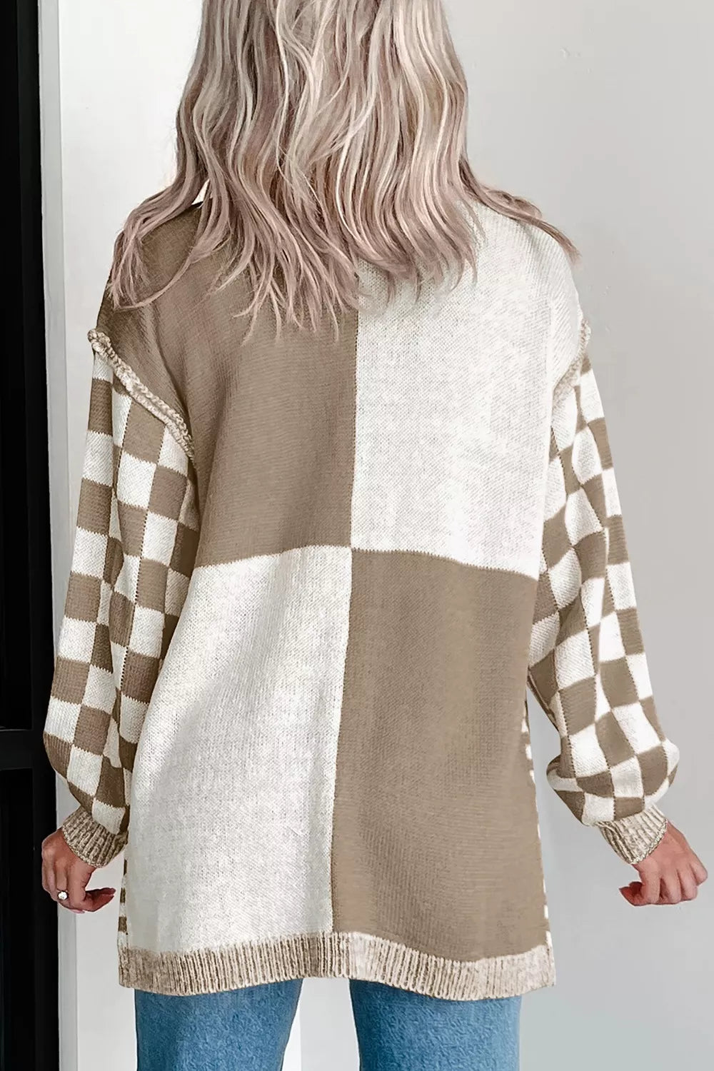 Checkerboard Print Open Front Knit Cardigan OutfitFlow