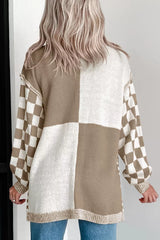Checkerboard Print Open Front Knit Cardigan OutfitFlow