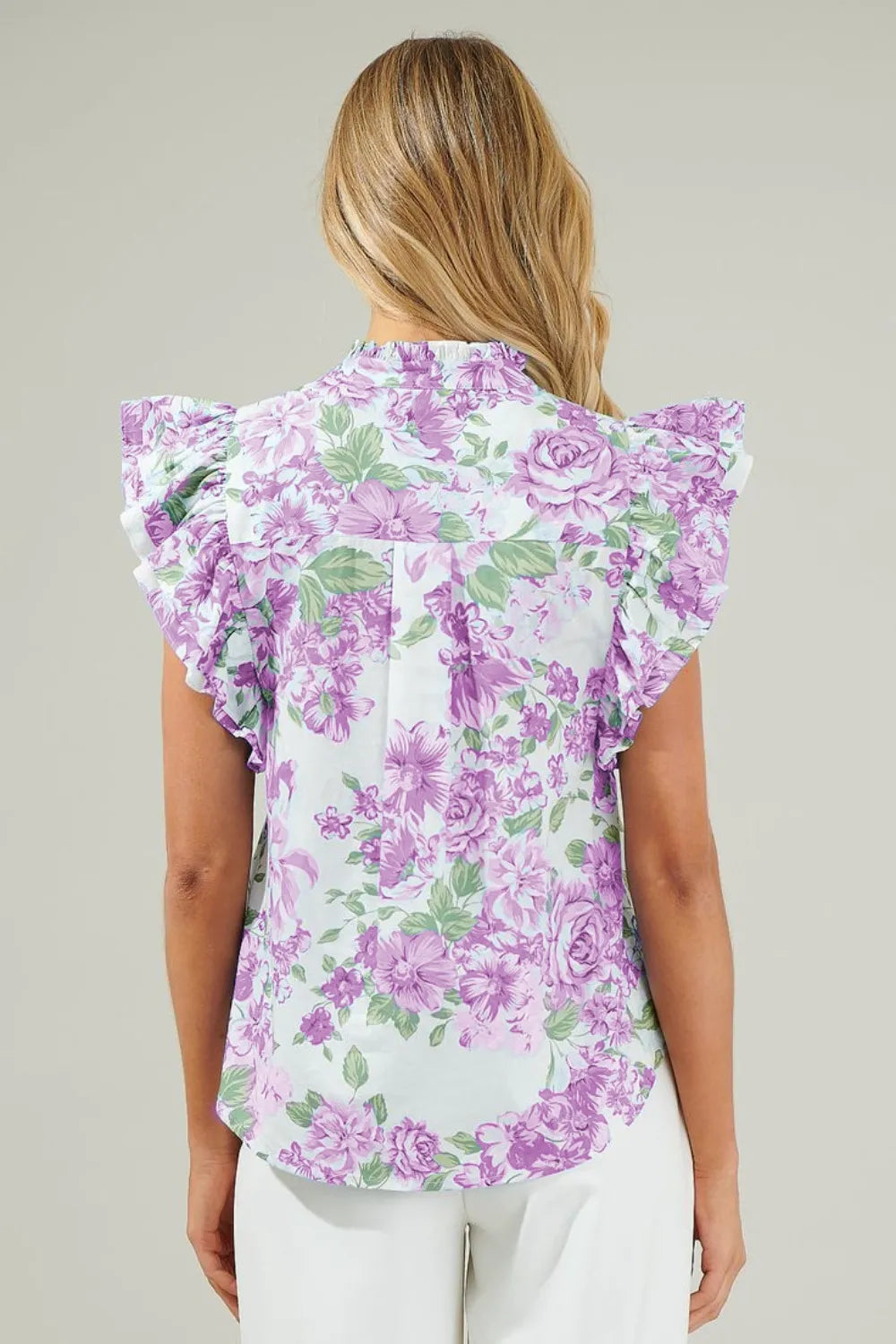 Printed Ruffled Sleeve Button-Up Blouse OutfitFlow