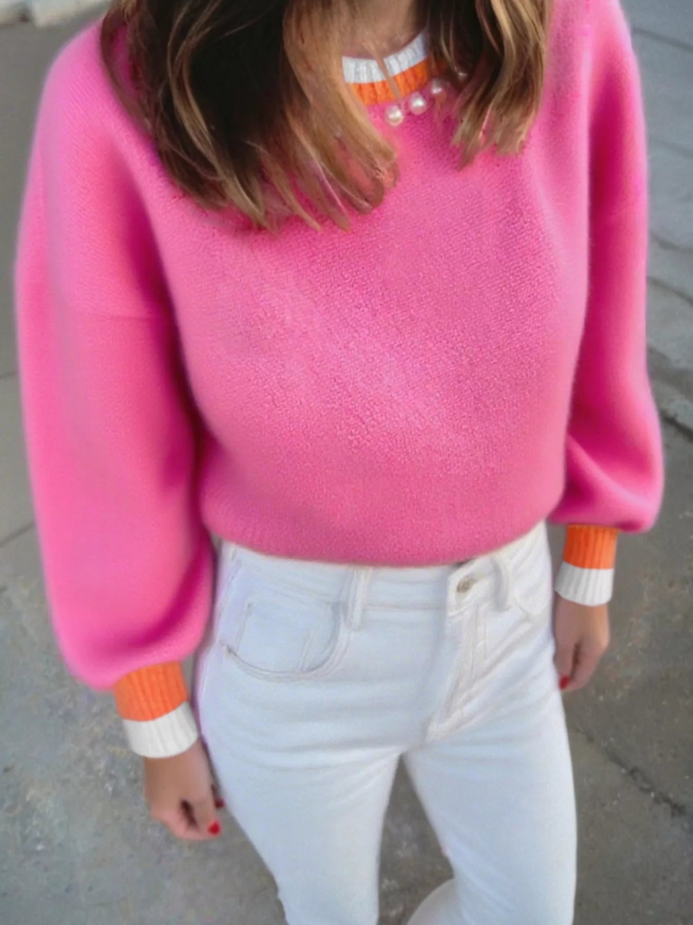 Contrast Crew Neck Pearled Decor Drop Shoulder Knit Sweater Hot Pink OutfitFlow