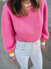Contrast Crew Neck Pearled Decor Drop Shoulder Knit Sweater Hot Pink OutfitFlow