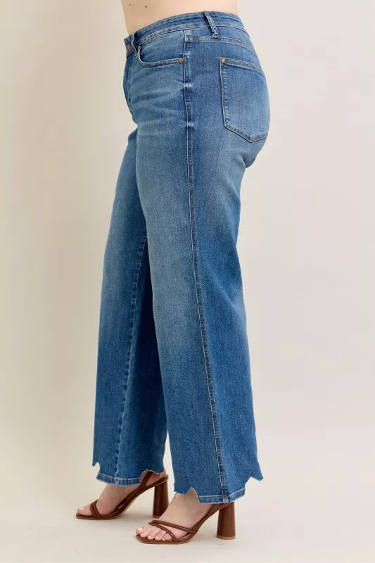 Judy Blue Full Size High Waist Tummy Control Chew Hem Destroy Wide Jeans Plus Size OutfitFlow