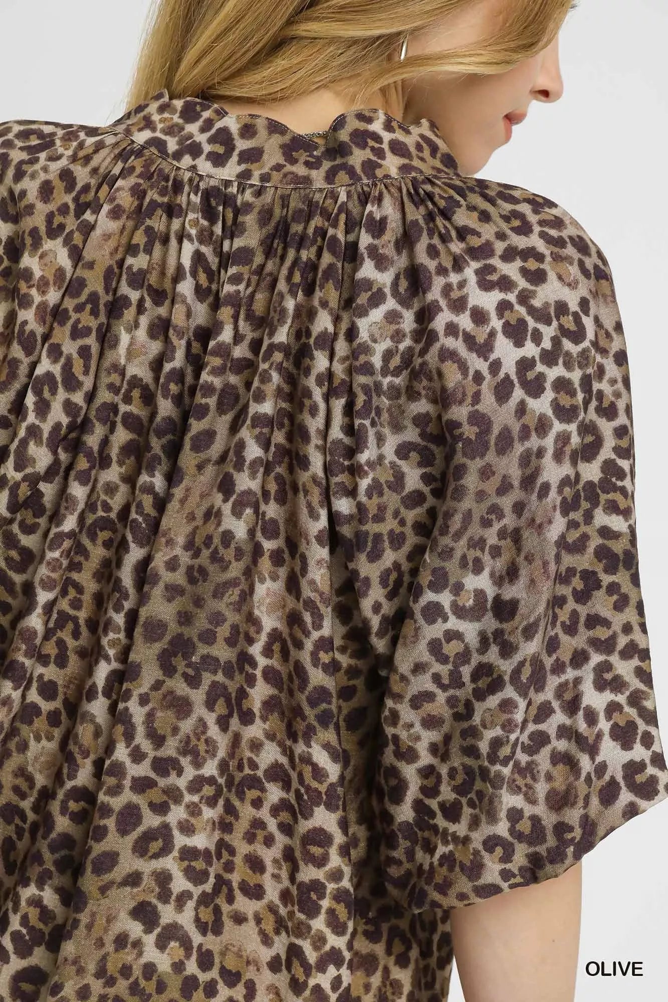 Umgee Leopard Bubble Sleeve Scalloped Hem Blouse OutfitFlow