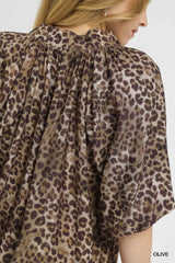 Umgee Leopard Bubble Sleeve Scalloped Hem Blouse OutfitFlow