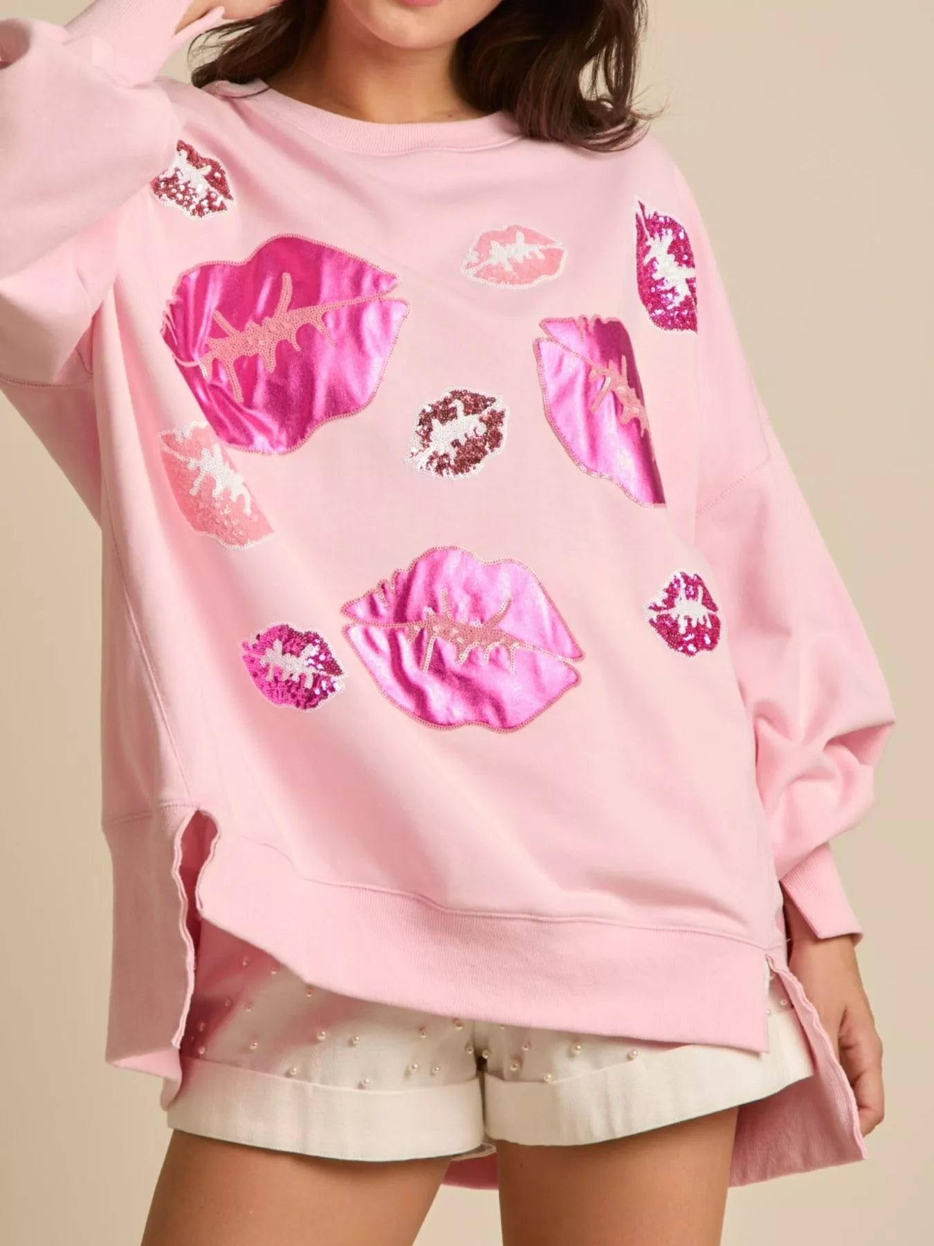 Lips Round Neck Dropped Shoulder Sweatshirt OutfitFlow