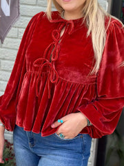 Plus Size Tie Front Velvet Peplum Blouse OutfitFlow