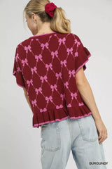 Umgee Bow Knit Ruffle Sleeve Sweater Trendsi
