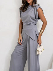 Ruched Sleeveless Top and Pants Set Gray OutfitFlow