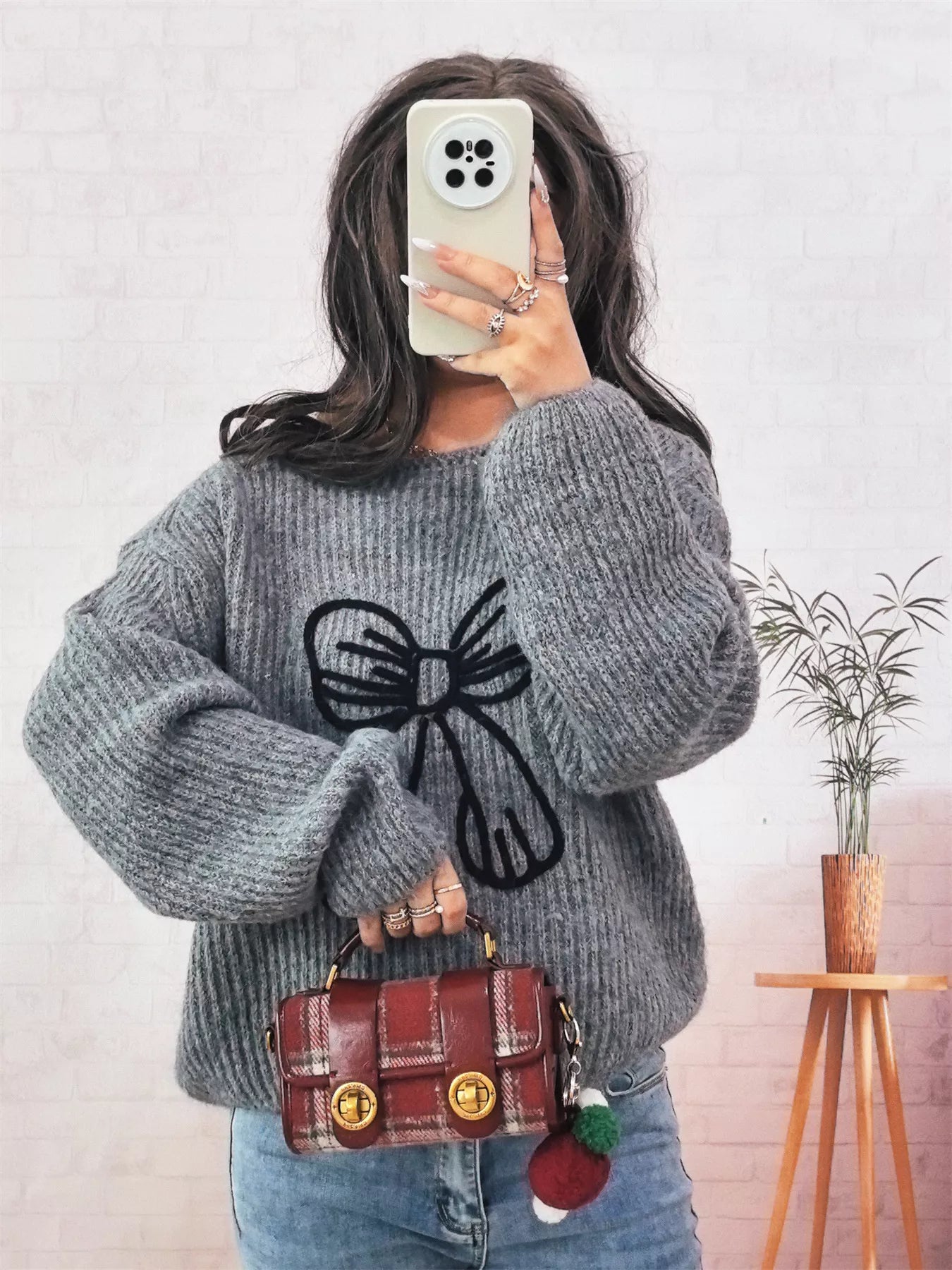 Bow Round Neck Long Sleeve Sweater OutfitFlow