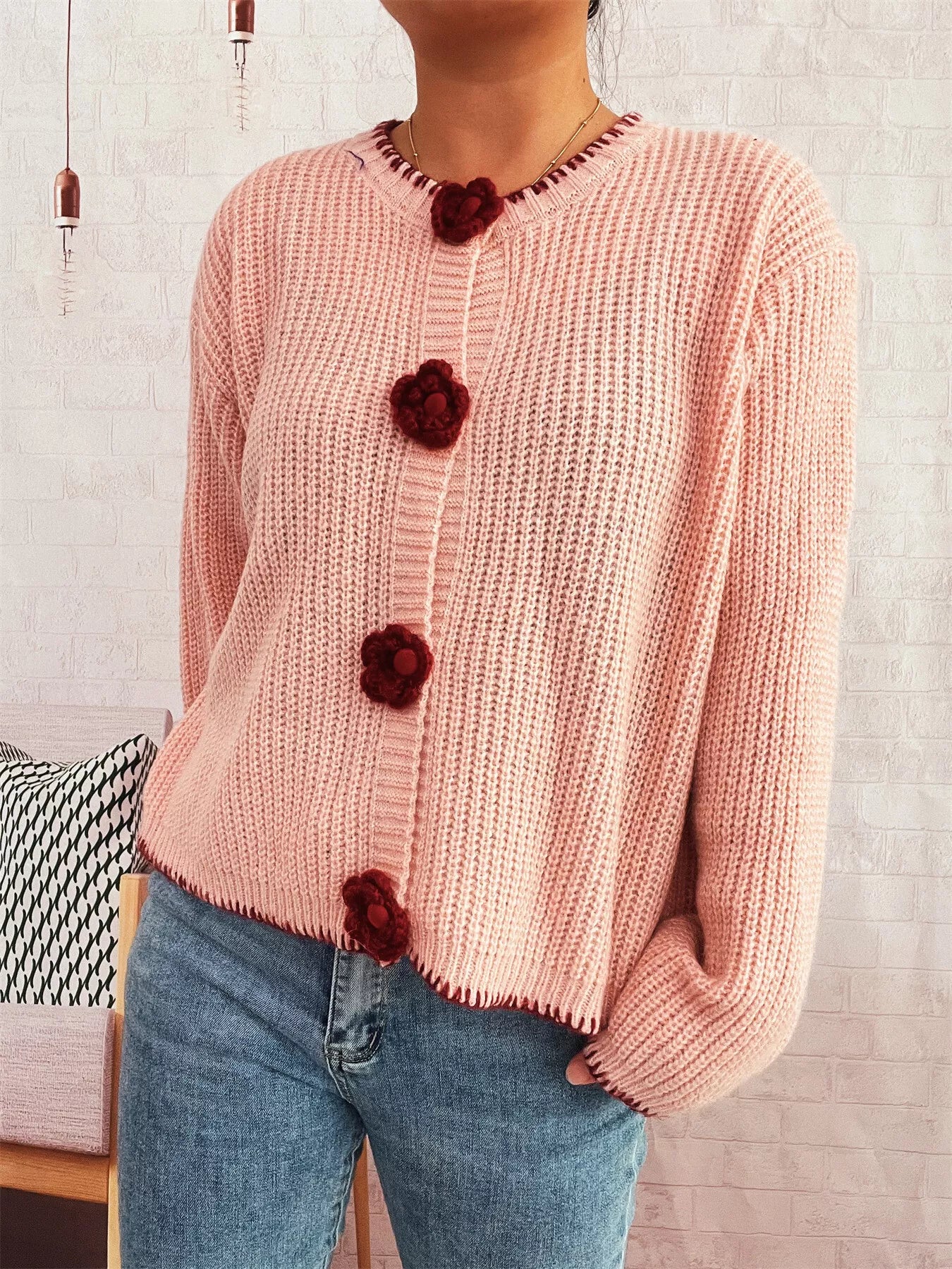 Flower Button Long Sleeve Cardigan OutfitFlow