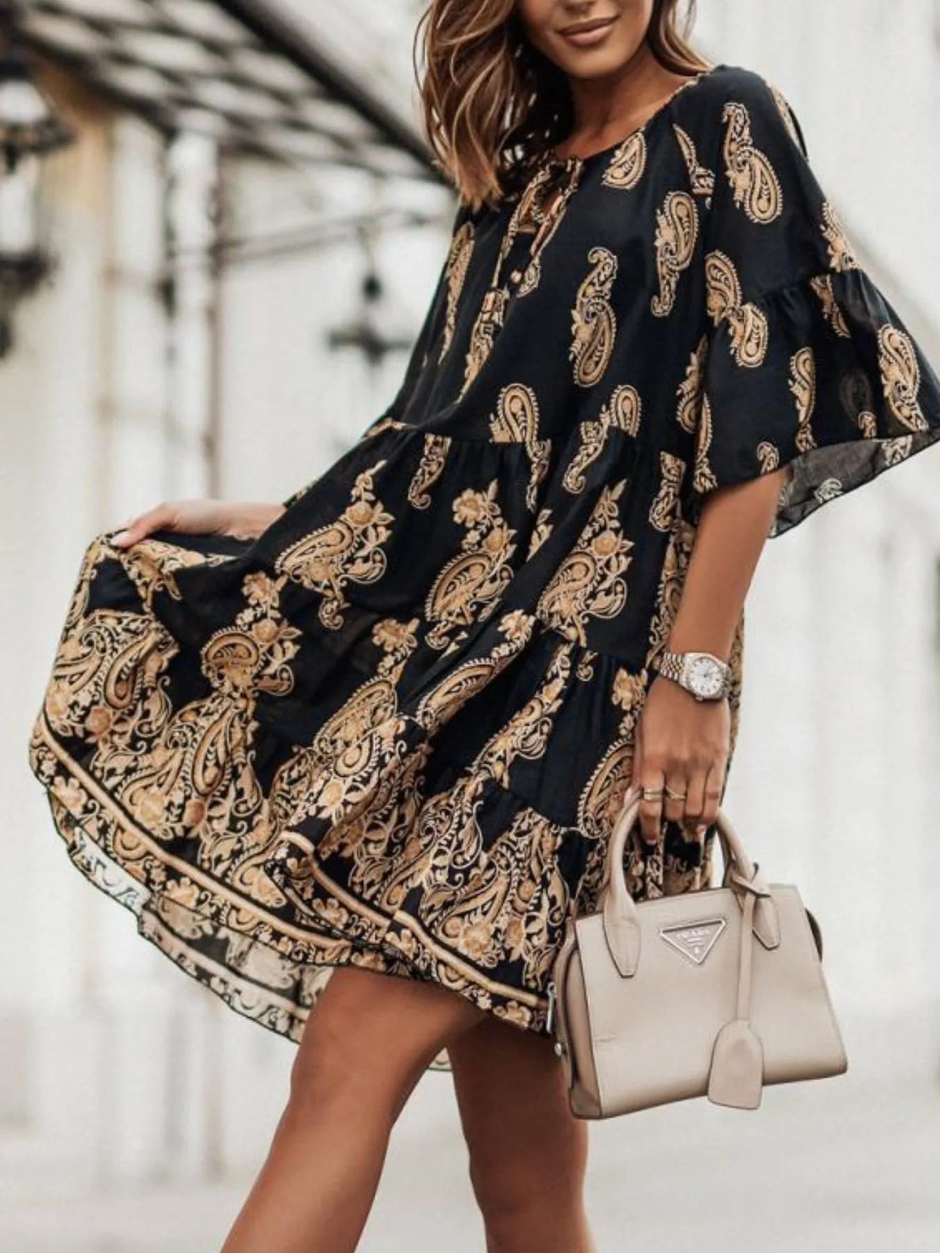 Paisley Print Tie Neck Half Sleeve Mini Dress OutfitFlow