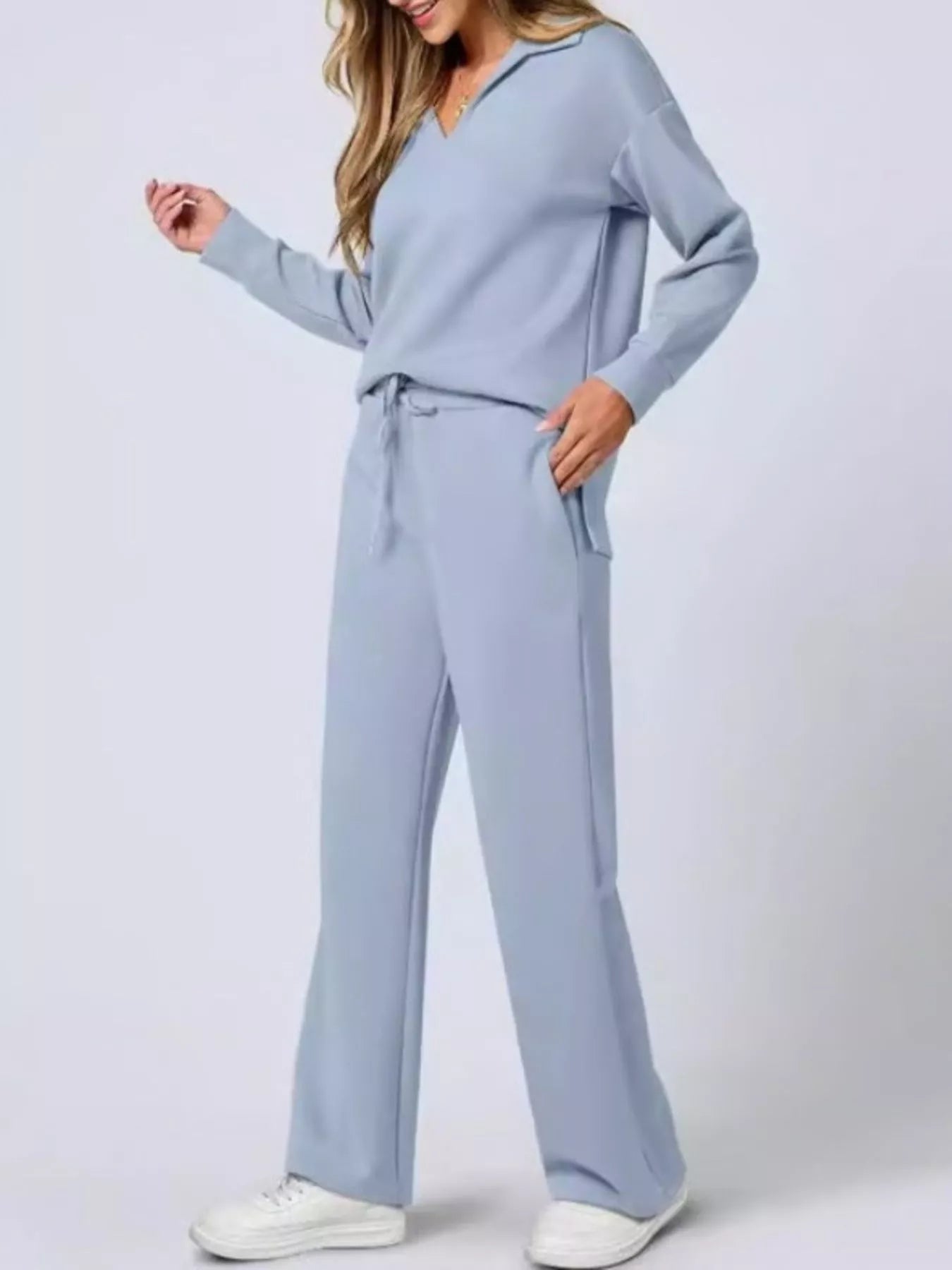 Full Size Johnny Collar Long Sleeve Top and Pants Plus Size Sky Blue OutfitFlow