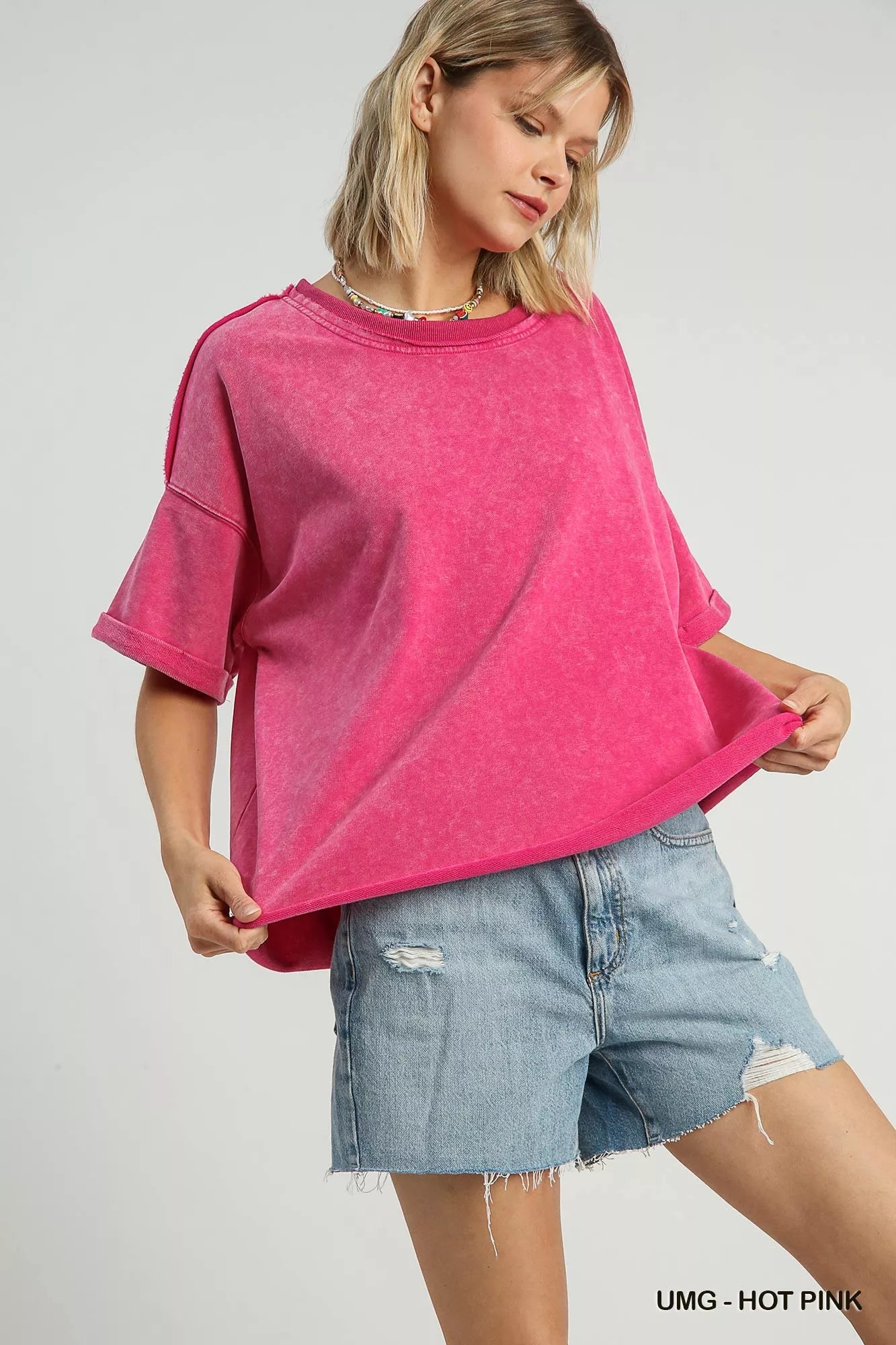 Umgee Mineral Wash Round Neck Top OutfitFlow