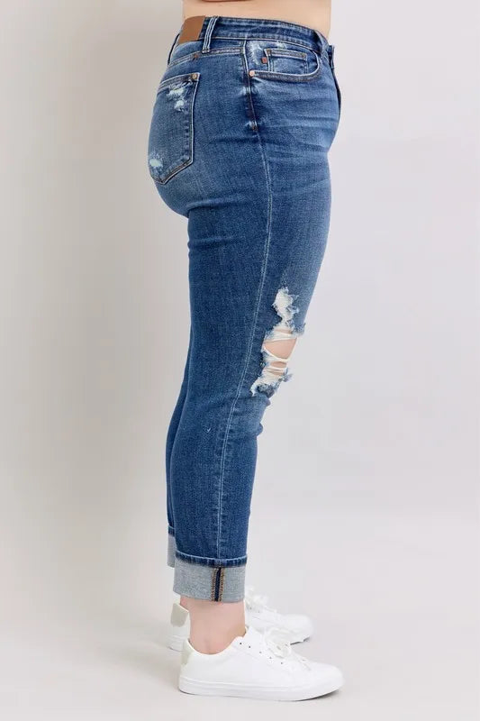 Judy Blue Full Size Midi Rise Boyfriend destroy Jeans with Yoke Pockets and Faux Selvedge Cuff Plus Size OutfitFlow