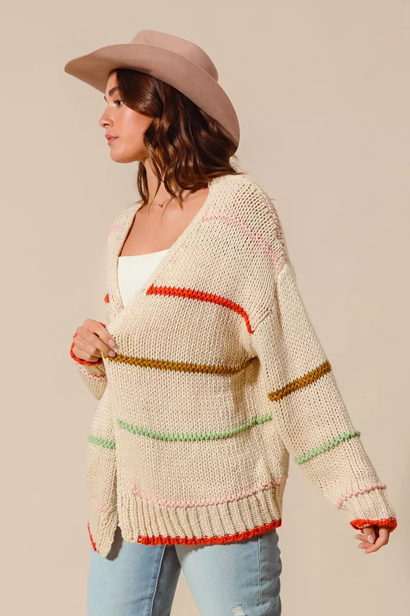 SO ME Loose Fit Multi Stripe Open Front Cardigan Trendsi