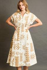 Umgee Full Size Abstract Print Elastic Waist Midi Dress Plus Size Tan OutfitFlow