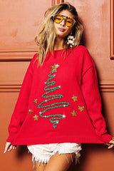 BiBi Sequin Star Tinsel Christmas Sweater RED Trendsi