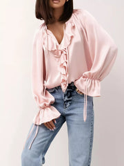 Ruffle Trim Satin Flounce Sleeve Blouse OutfitFlow