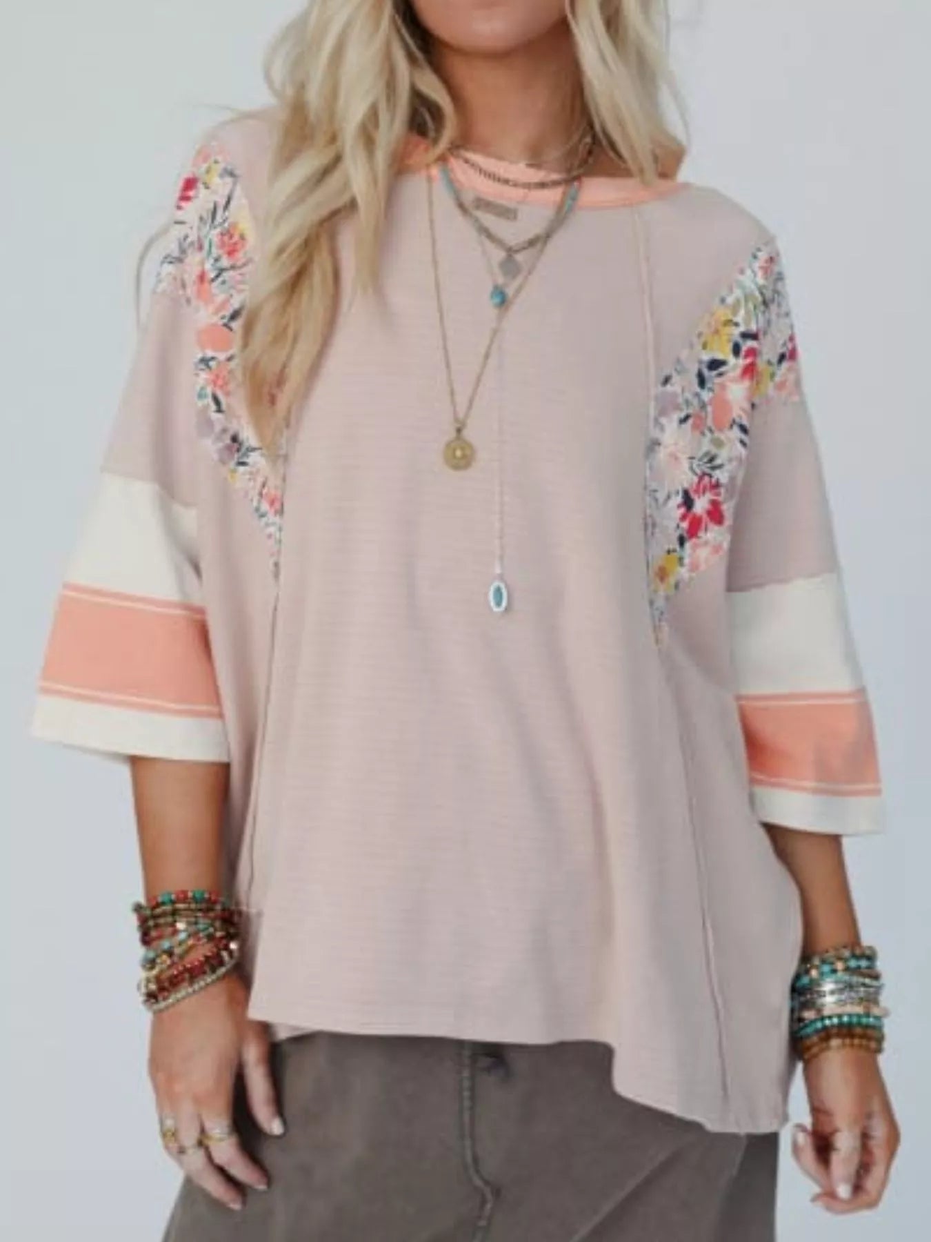 Striped Floral Long Sleeve T-Shirt Orange OutfitFlow