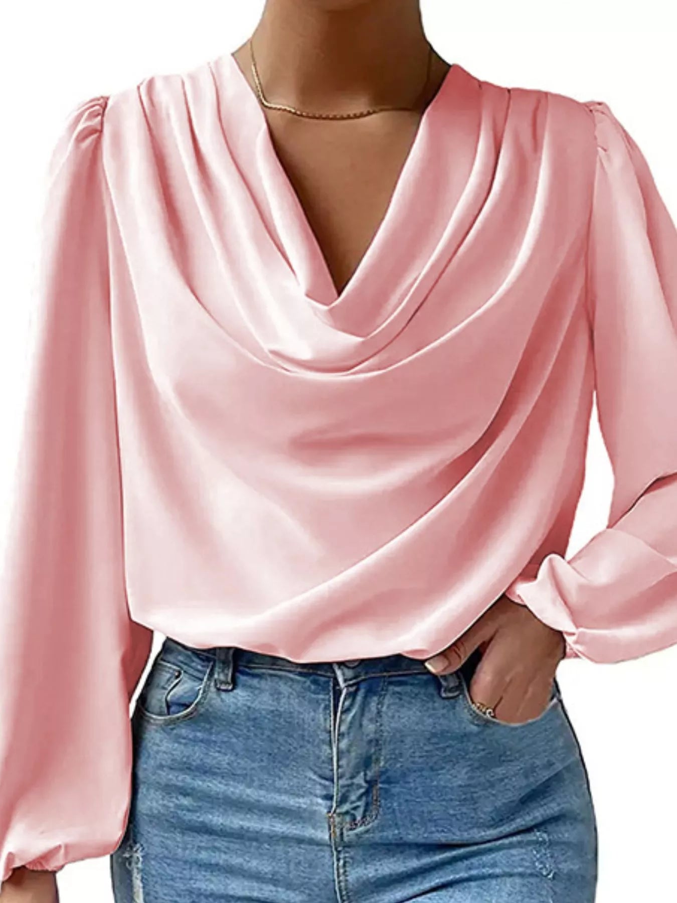 Full Size Cowl Neck Balloon Sleeve Blouse Plus Size OutfitFlow