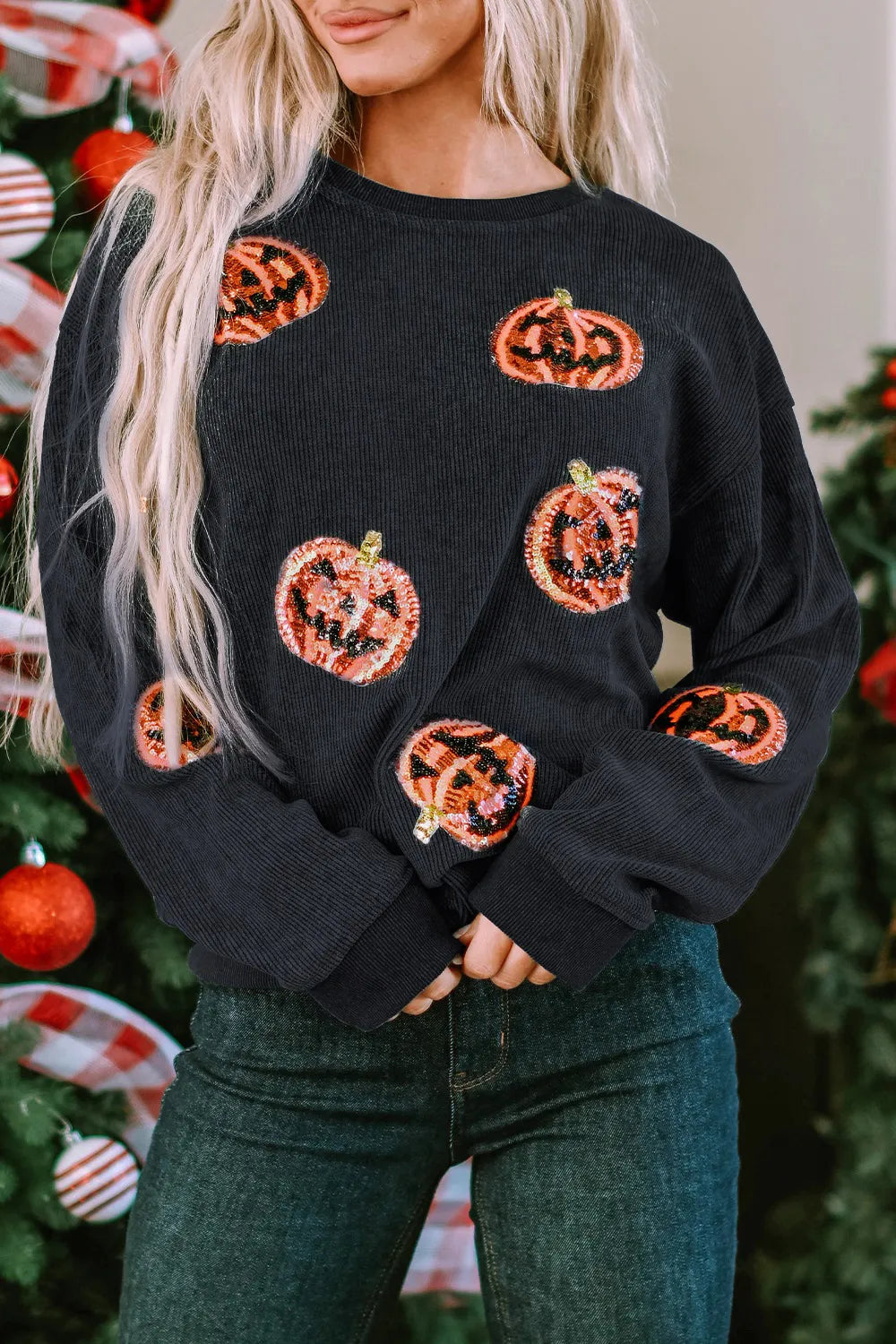 Sequin Patch Pumpkin Round Neck Sweatshirt Black OutfitFlow