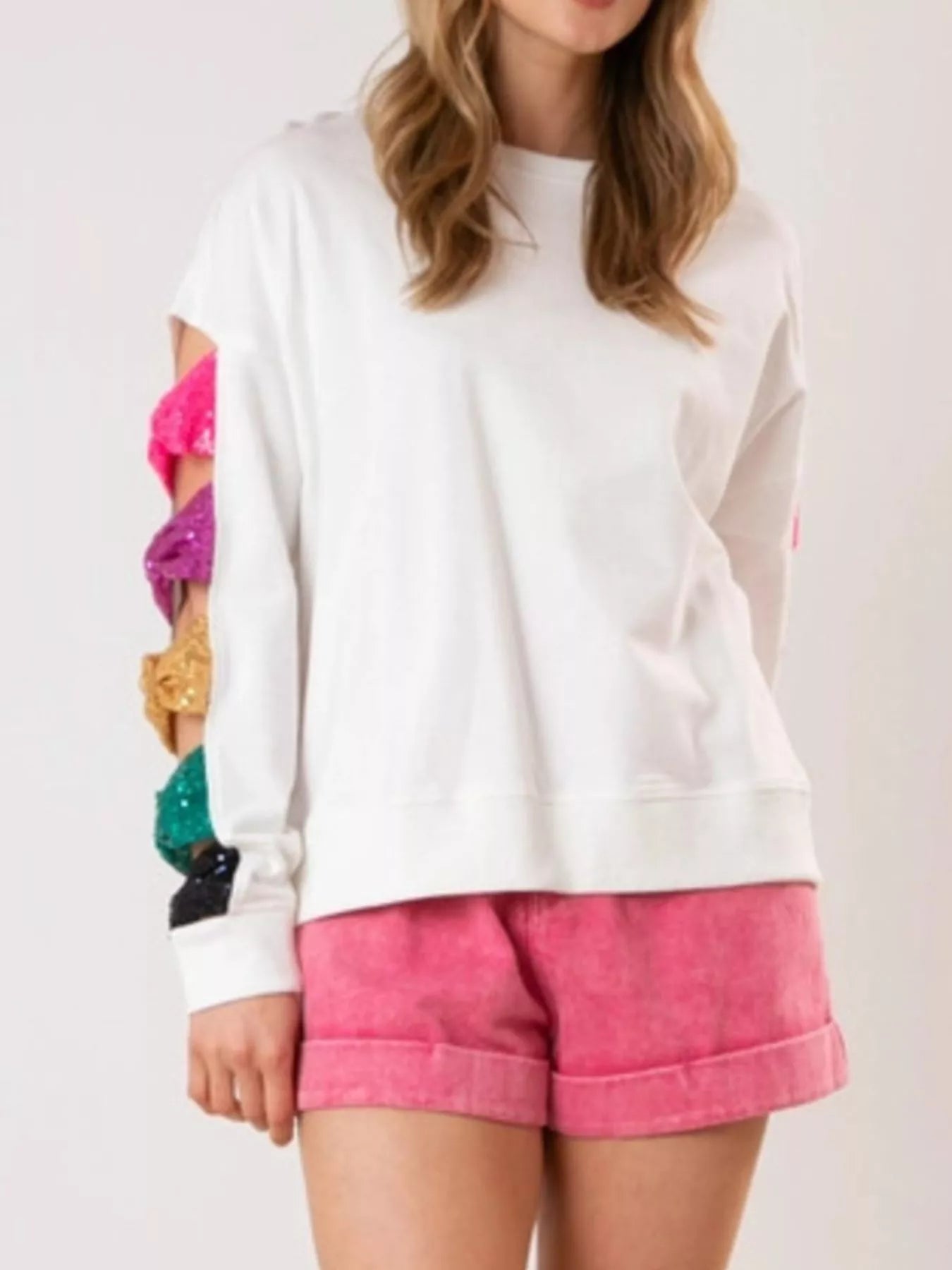Sequin Bow Cutout Round Neck Sweatshirt OutfitFlow