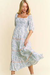 Davi & Dani Contrast Ric Smocking Bodice Tiered Midi Dress OutfitFlow