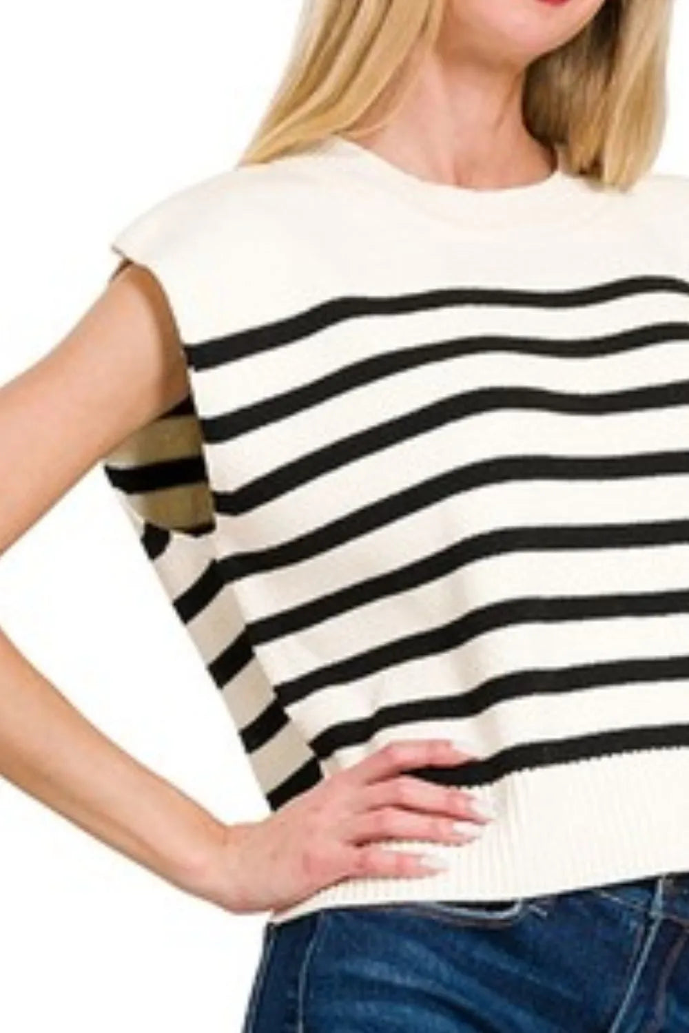 Zenana Oversized Crew Neck Stripe Sweater Vest OutfitFlow