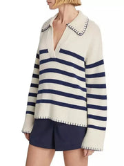 Striped Johnny Collar Sweater OutfitFlow