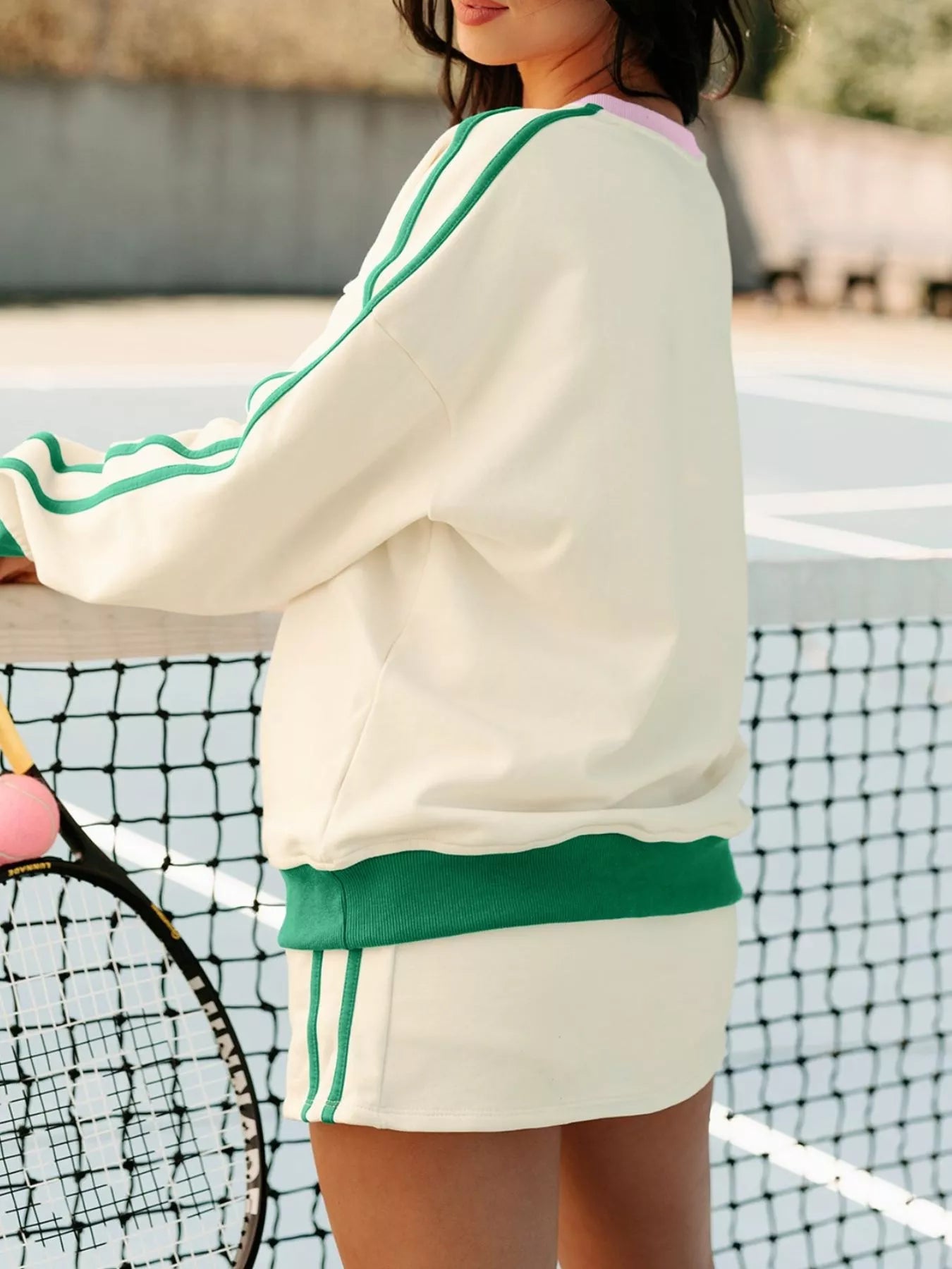 Ribbed Colorblock Trim V Neck Sporty Pullover Mini Skort 2pcs Athleisure Set Trendsi