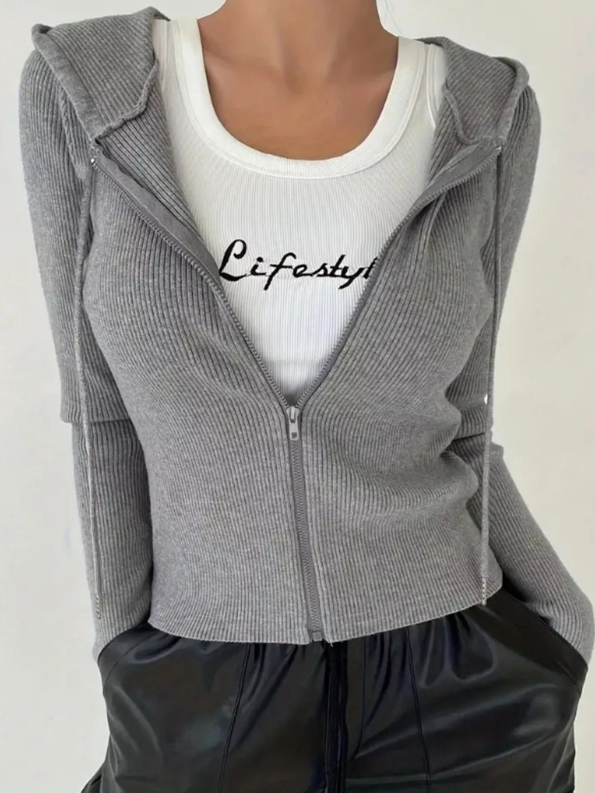 Ribbed Knit Zip-Up Hooded Cardigan Gray OutfitFlow