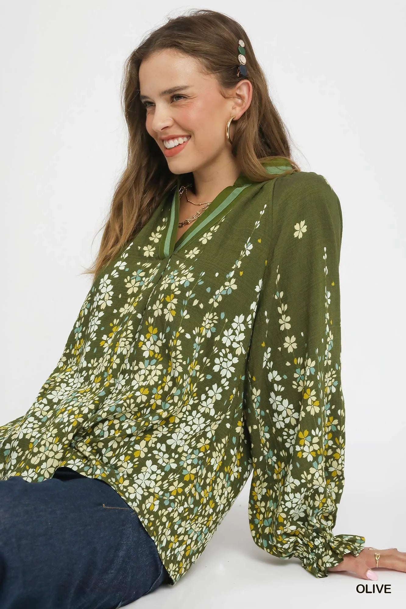 Umgee Floral Vine Print Blouse with Balloon Sleeves Olive Trendsi