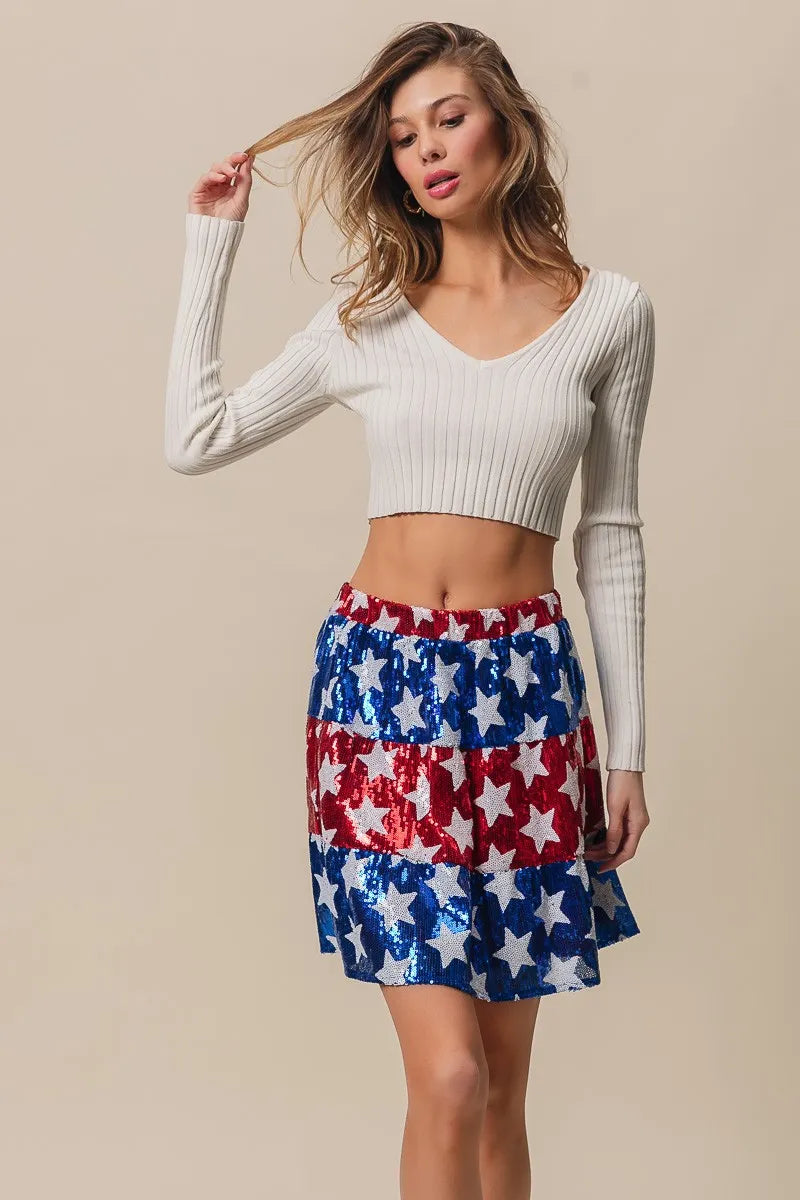 BiBi American Flag Theme Star Sequin Tiered Skirt OutfitFlow