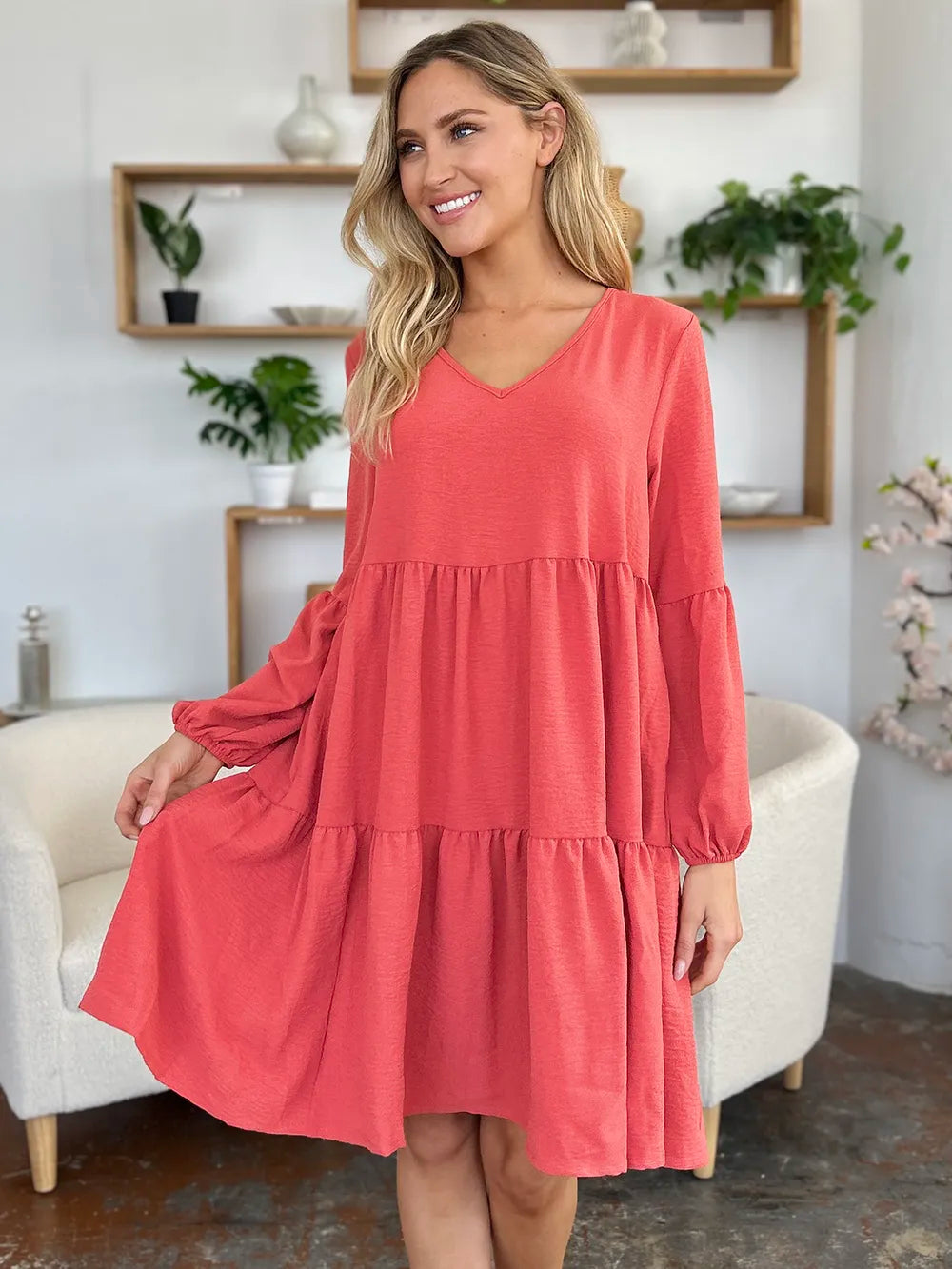 Double Take Full Size V-Neck Balloon Sleeve Tiered Dress with Pockets OutfitFlow