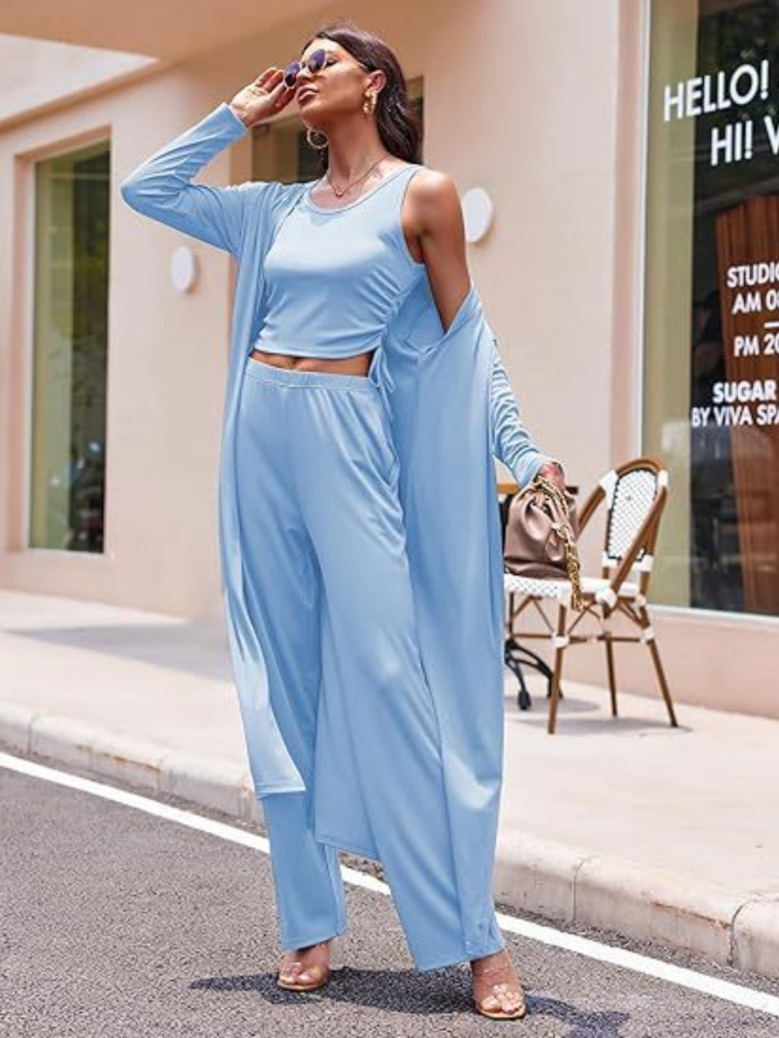 Drawstring Tank, Long Sleeve Cover Up and Pants Set Light Blue OutfitFlow