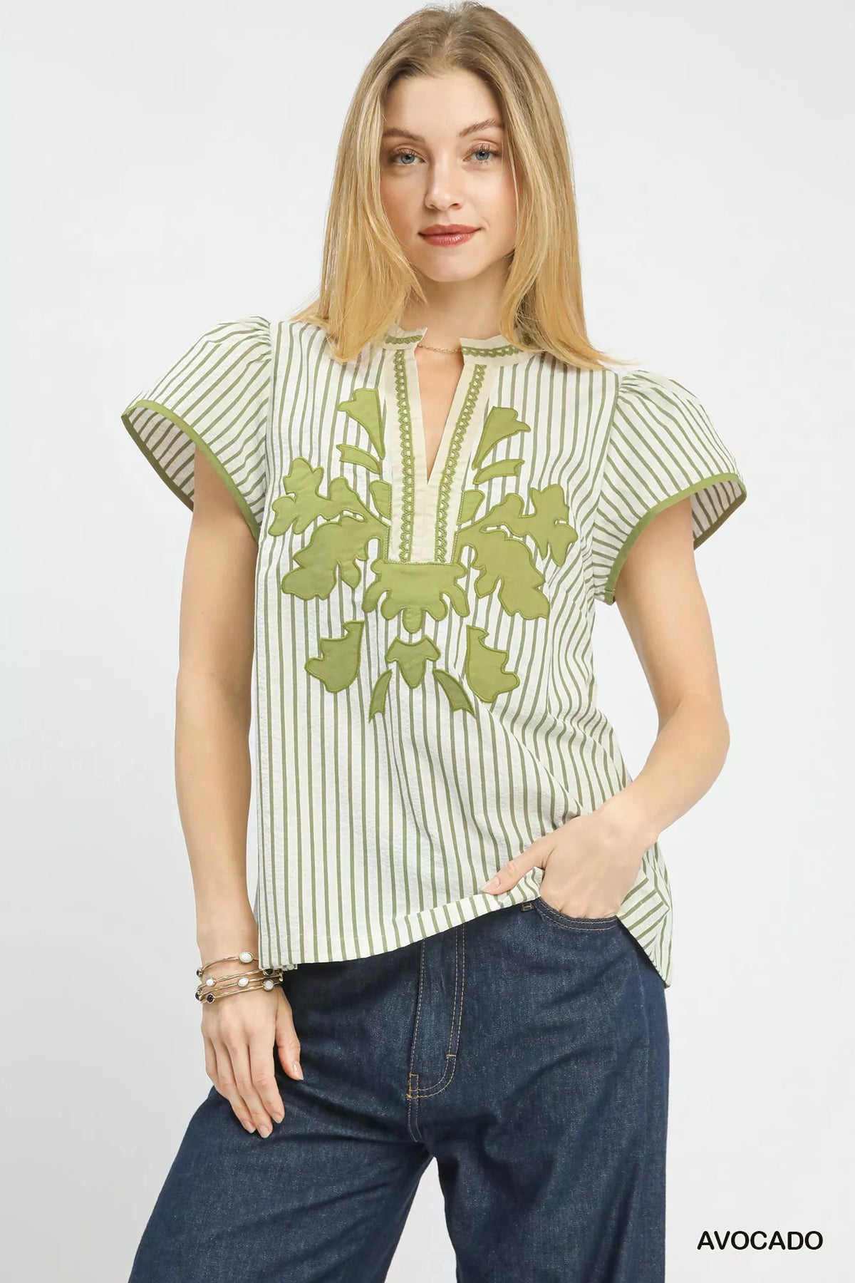 Umgee V-Neck Stripe Top with Lace Trim AVOCADO Trendsi