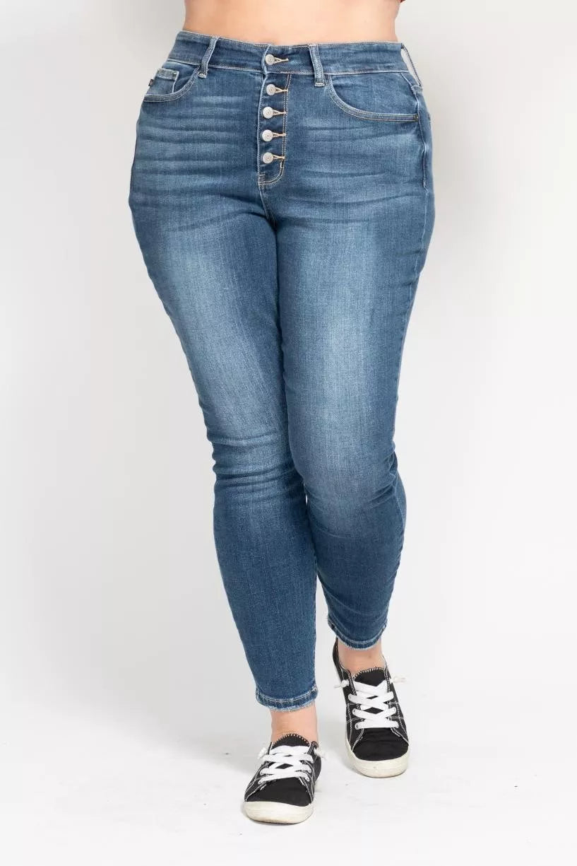Judy Blue Full Size High Rise Button Fly Skinny Jeans Plus Size OutfitFlow