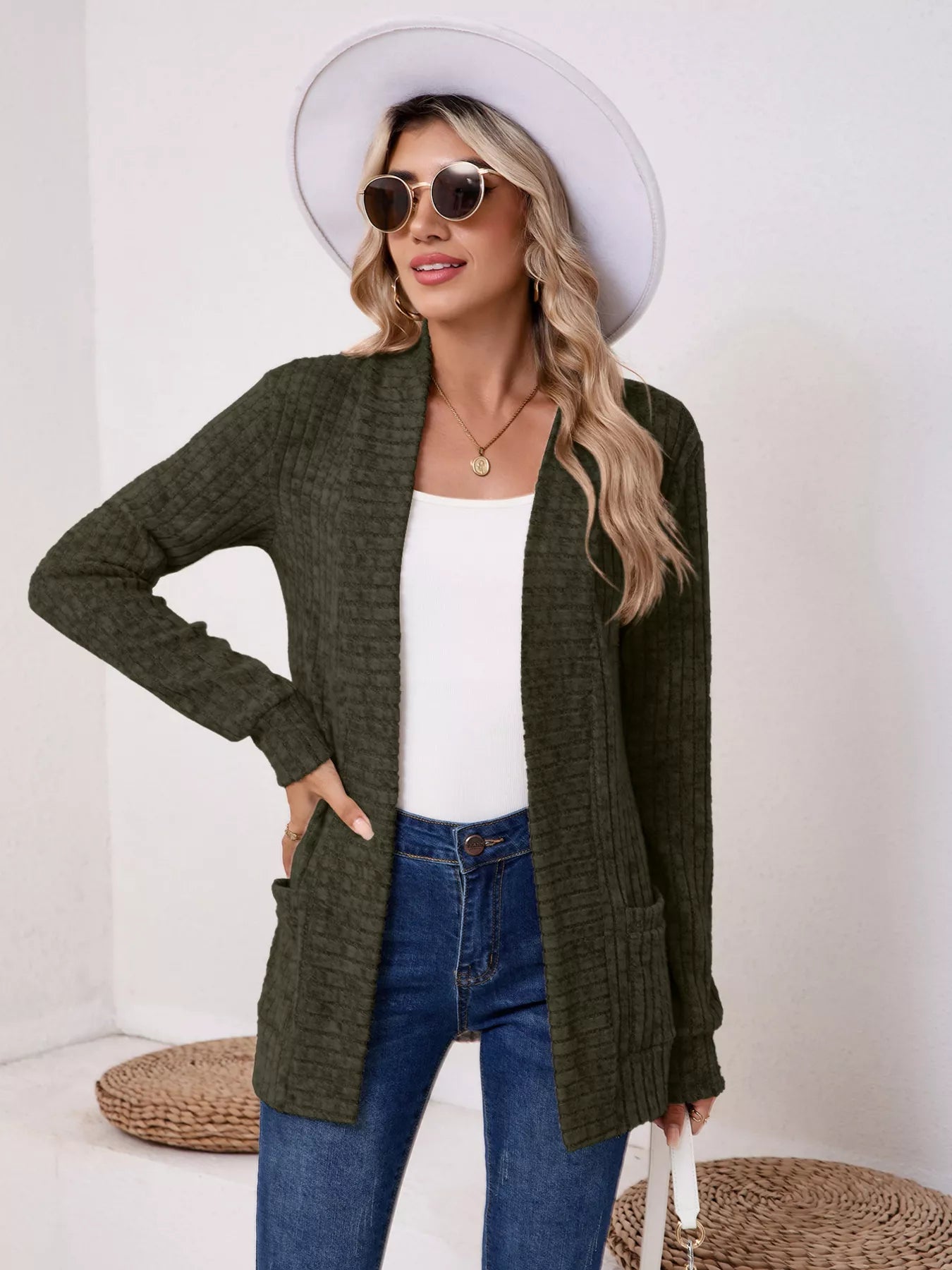 Casual Knit Open Front Cardigan Army Green OutfitFlow