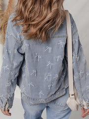 Bow Knot Print Light Wash Raw Hem Denim Jacket OutfitFlow