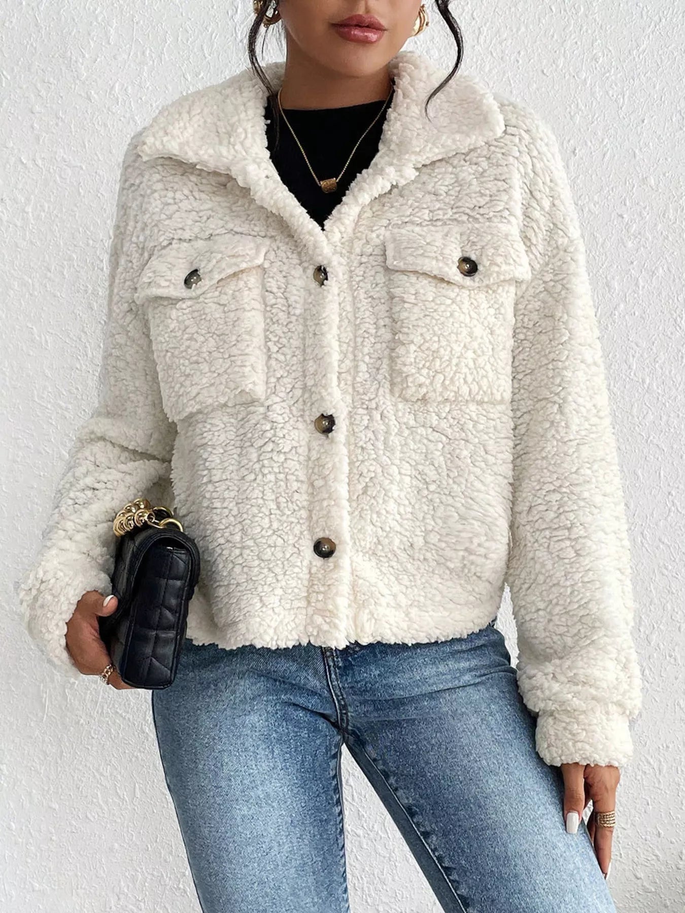 Cozy Sherpa Button-Down Jacket White OutfitFlow