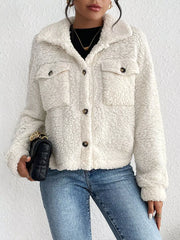 Cozy Sherpa Button-Down Jacket White OutfitFlow