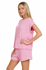 Zenana Raised Rib Cap Sleeve Top & Shorts Set OutfitFlow