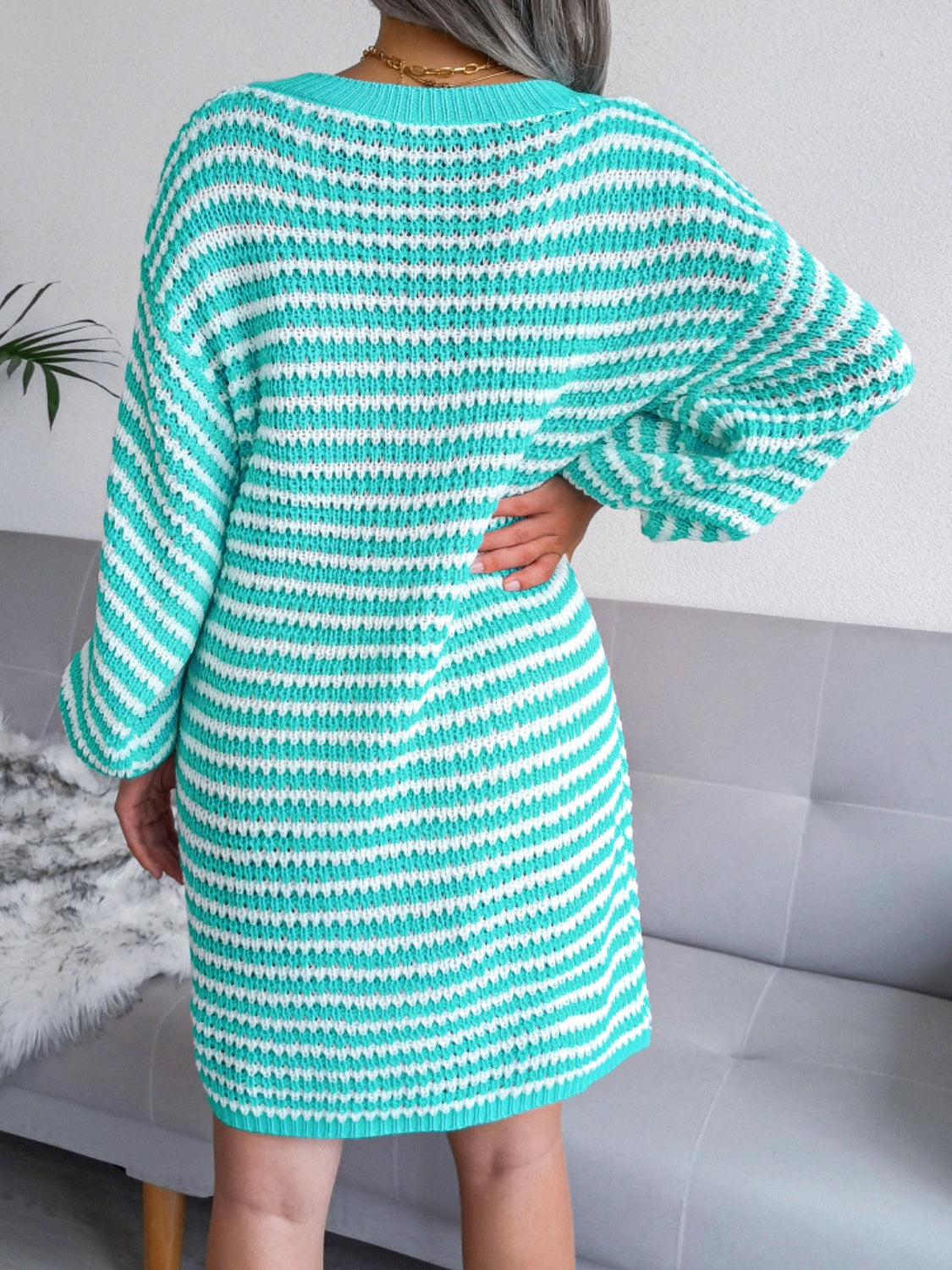 Outfit Flow - Striped V-Neck Long Sleeve Mini Sweater Dress