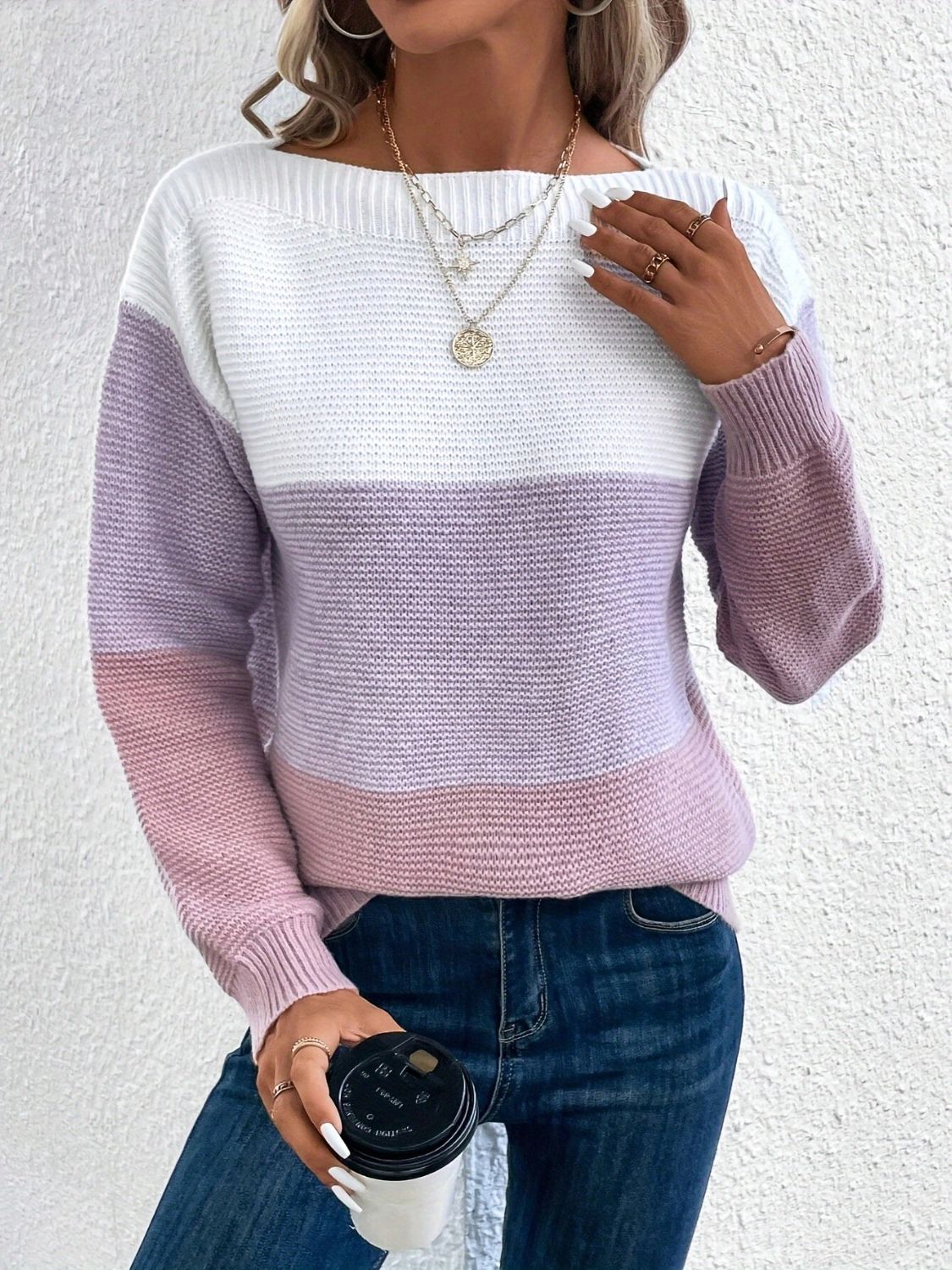 Outfit Flow - Color Block Boat Neck Sweater