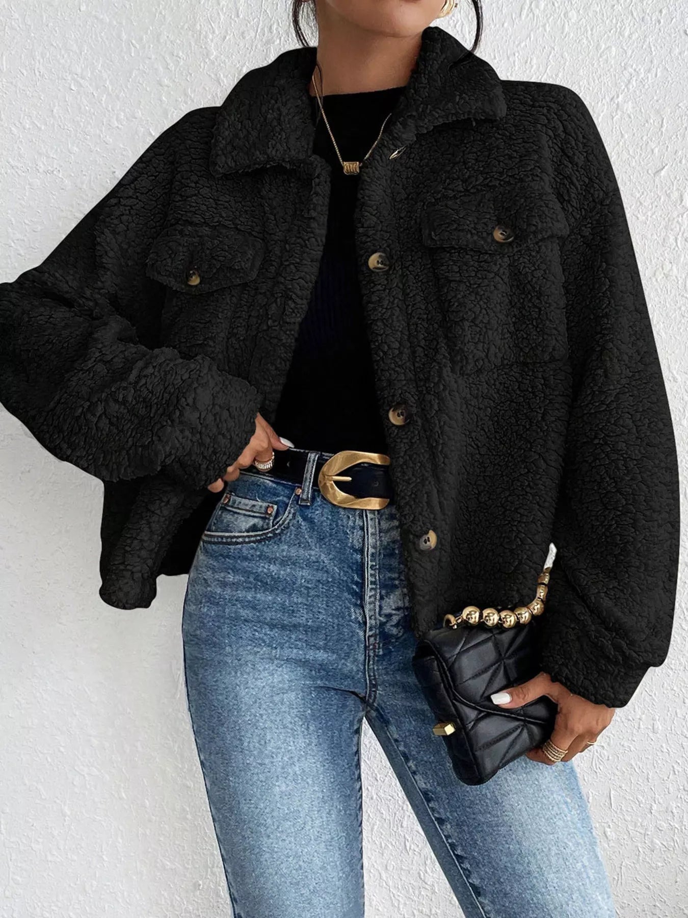 Cozy Sherpa Button-Down Jacket Black OutfitFlow