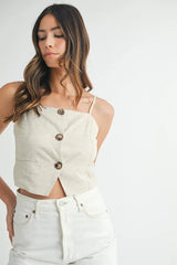 MABLE Linen Mix Button Down Tank Top OutfitFlow
