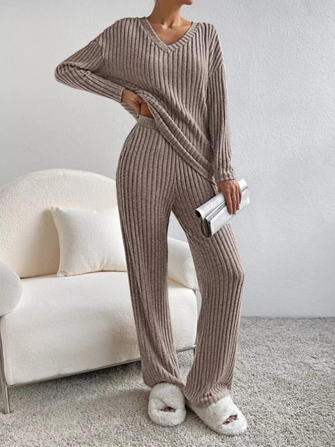 Ribbed Knit V-Neck Top and Pants Set OutfitFlow