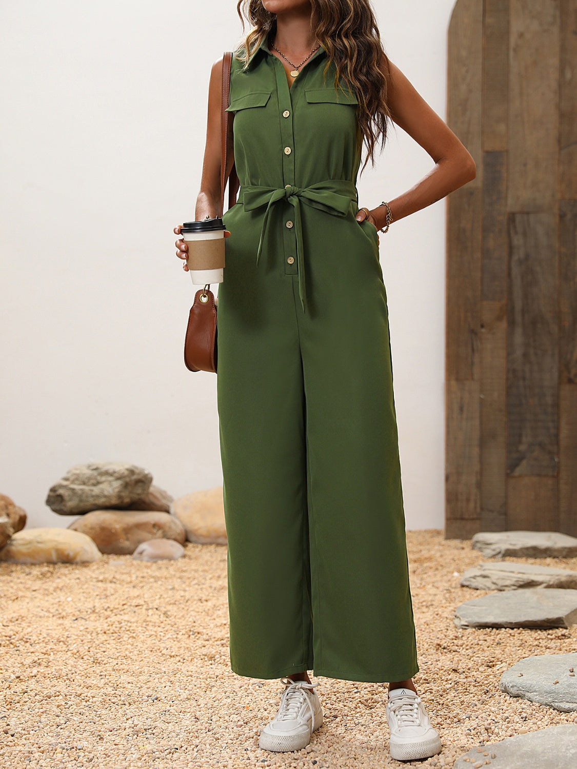 Honey Tie Waist Sleeveless Wide Leg Jumpsuit