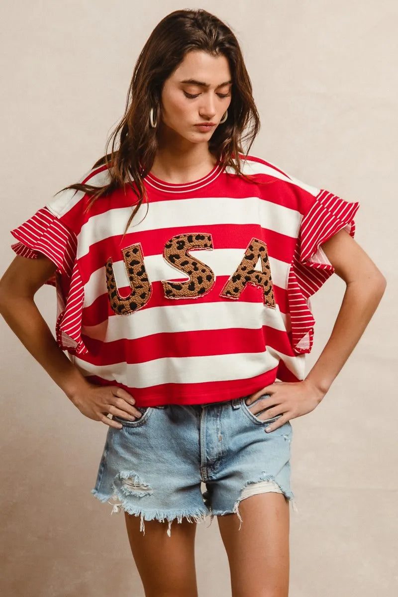 BiBi Stripe Mixed Ruffle Sleeve Top With Leopard Letter OutfitFlow